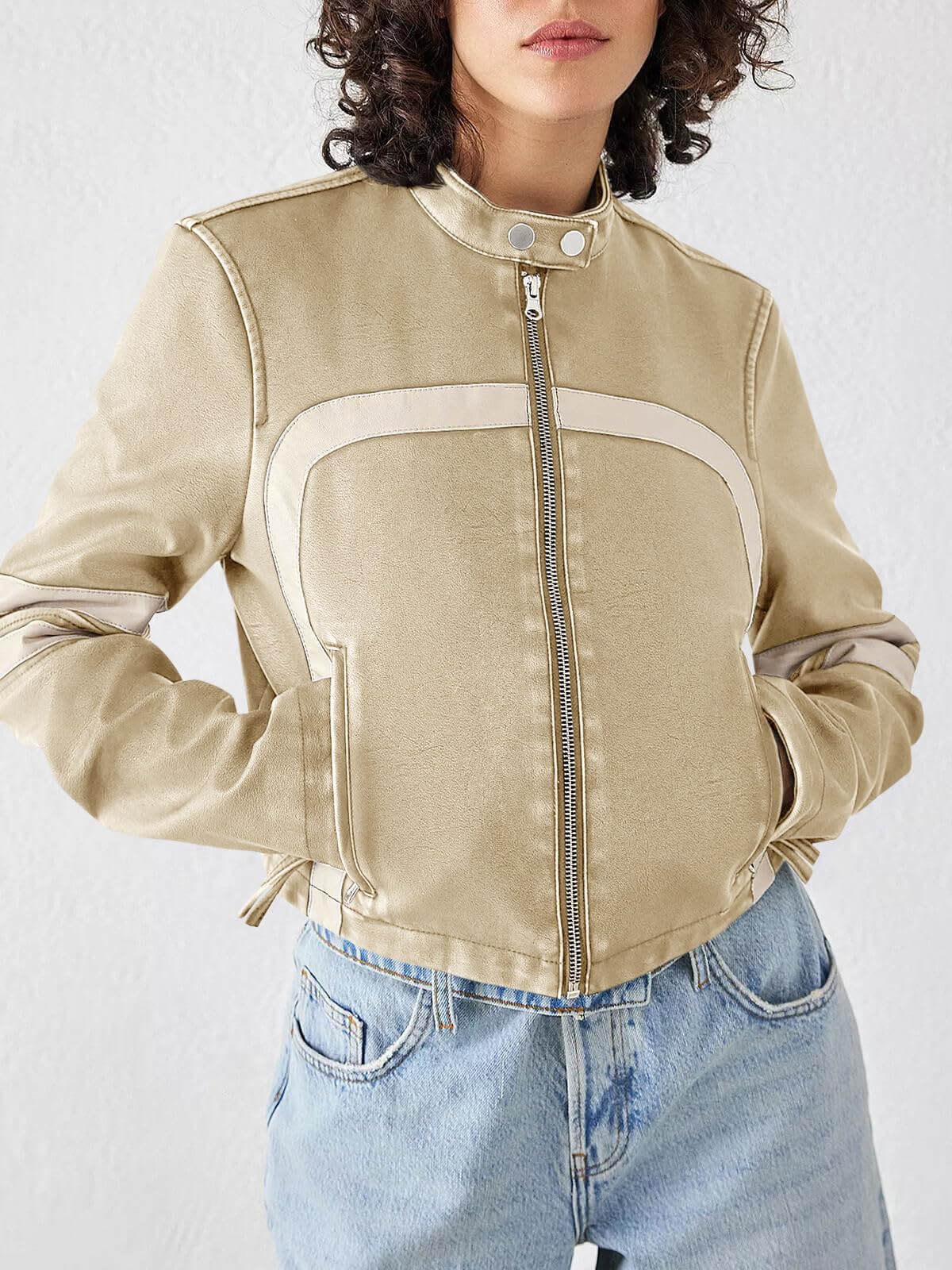 Saodimallsu Women's Faux Leather Jackets Zip Up Stand Collar Cropped Motocross PU Coats