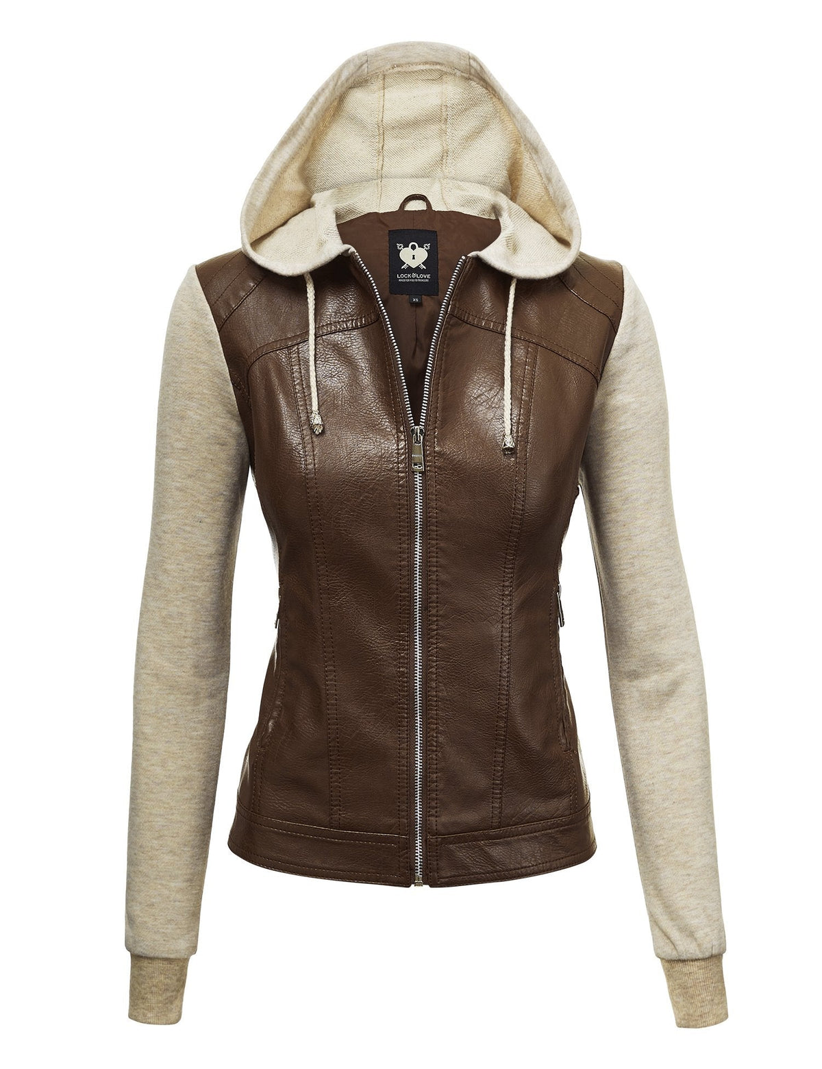 Lock and Love LL WJC1347 Womens Faux Leather Zip Up Moto Biker Jacket with Hoodie M COFFEE_OATMEAL