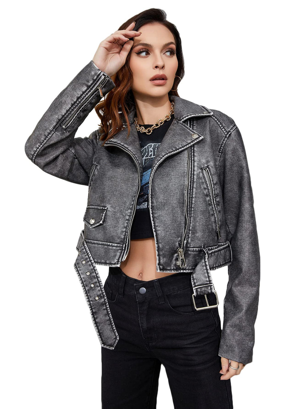 LY VAREY LIN Women Faux Leather Cropped Jacket Lapel Zipper Biker Short Coat with Belt