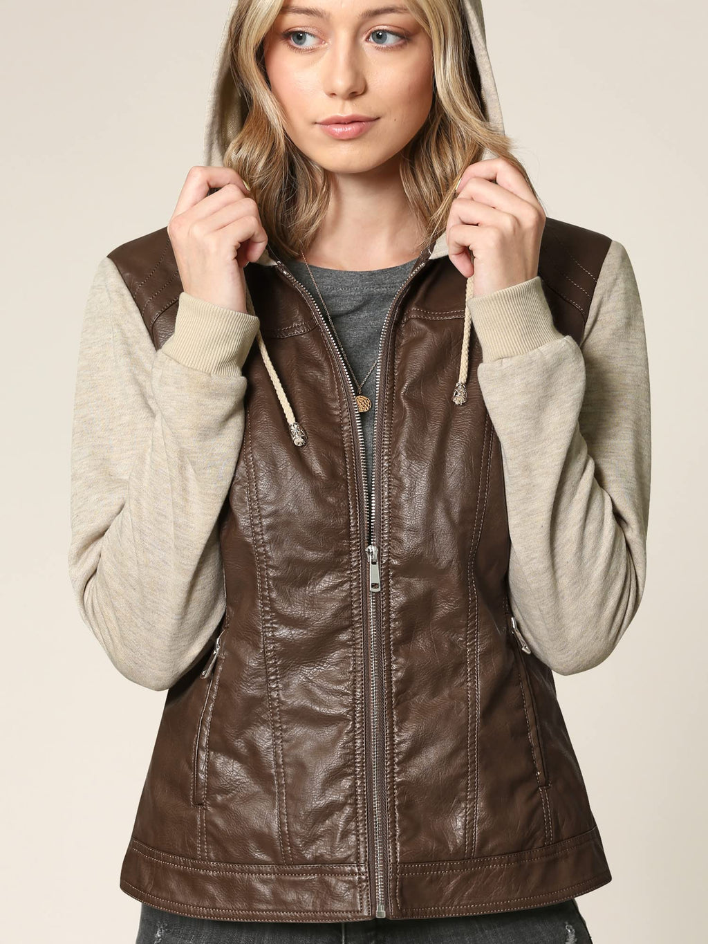 Lock and Love LL WJC1347 Womens Faux Leather Zip Up Moto Biker Jacket with Hoodie M COFFEE_OATMEAL
