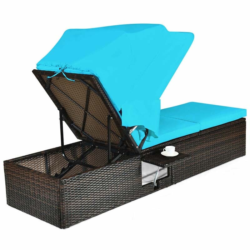 Cushioned Rattan Outdoor Chaise Lounge Chair Sun Lounger 5 Position With Folding Canopy Amp Flip Up Tea Table - Comfortable And Ergonomic Design