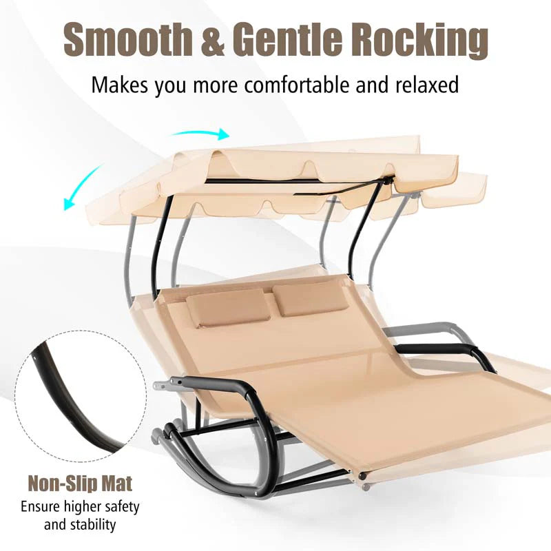 2 Person Patio Hammock Bed Swing Chair Extra Large Outdoor Rocking Chaise Lounge With Adjustable Canopy And Wheels - Comfortable And Ergonomic Design