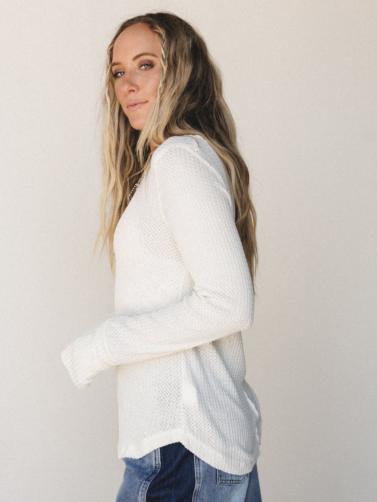 The Nest Jacqueline Waffle Long Sleeve Top - Cream