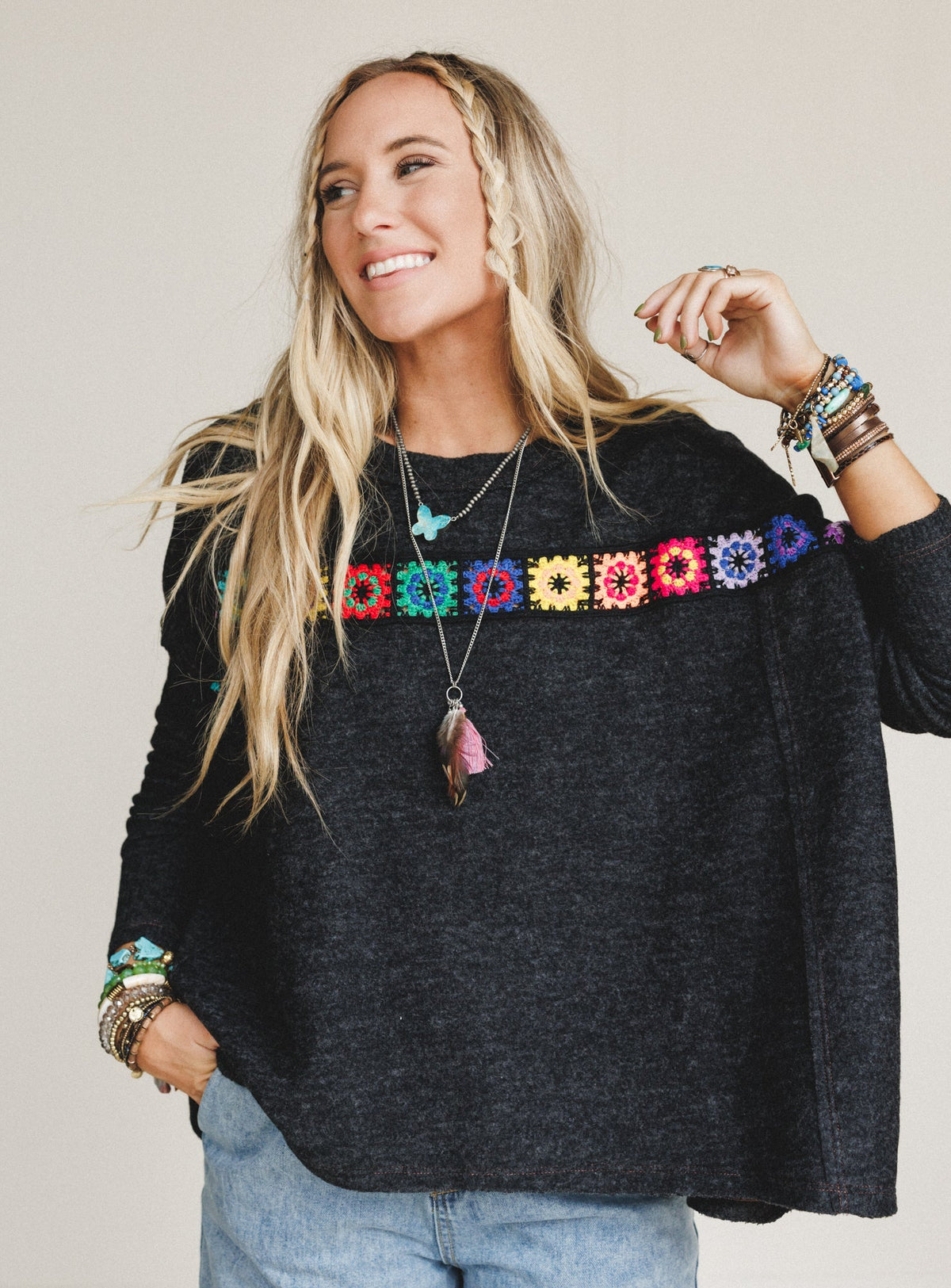 The Nest Cozy Up Crochet Top - Charcoal