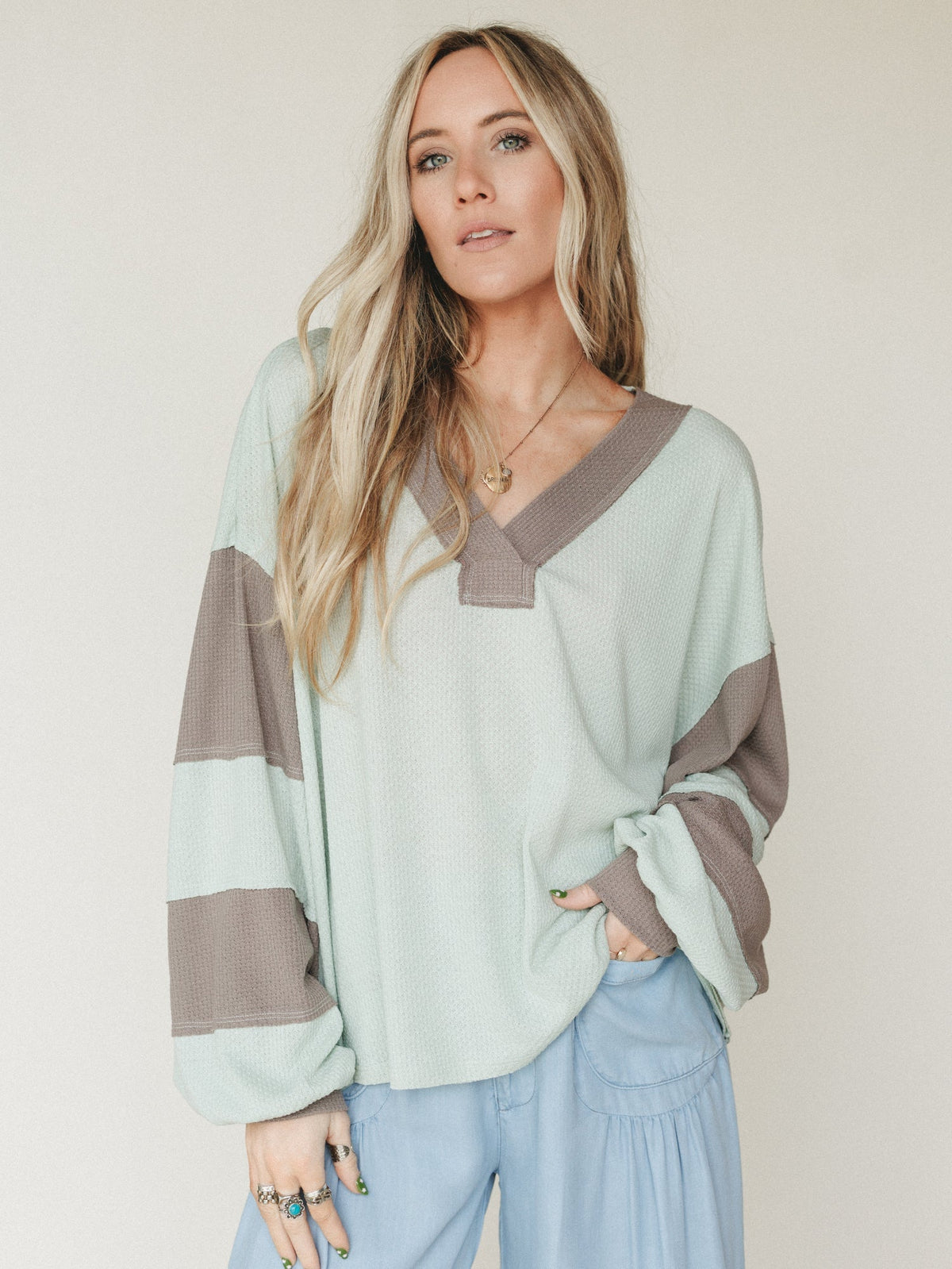 The Nest Elena Long Sleeve Top - Green Ash Mocha