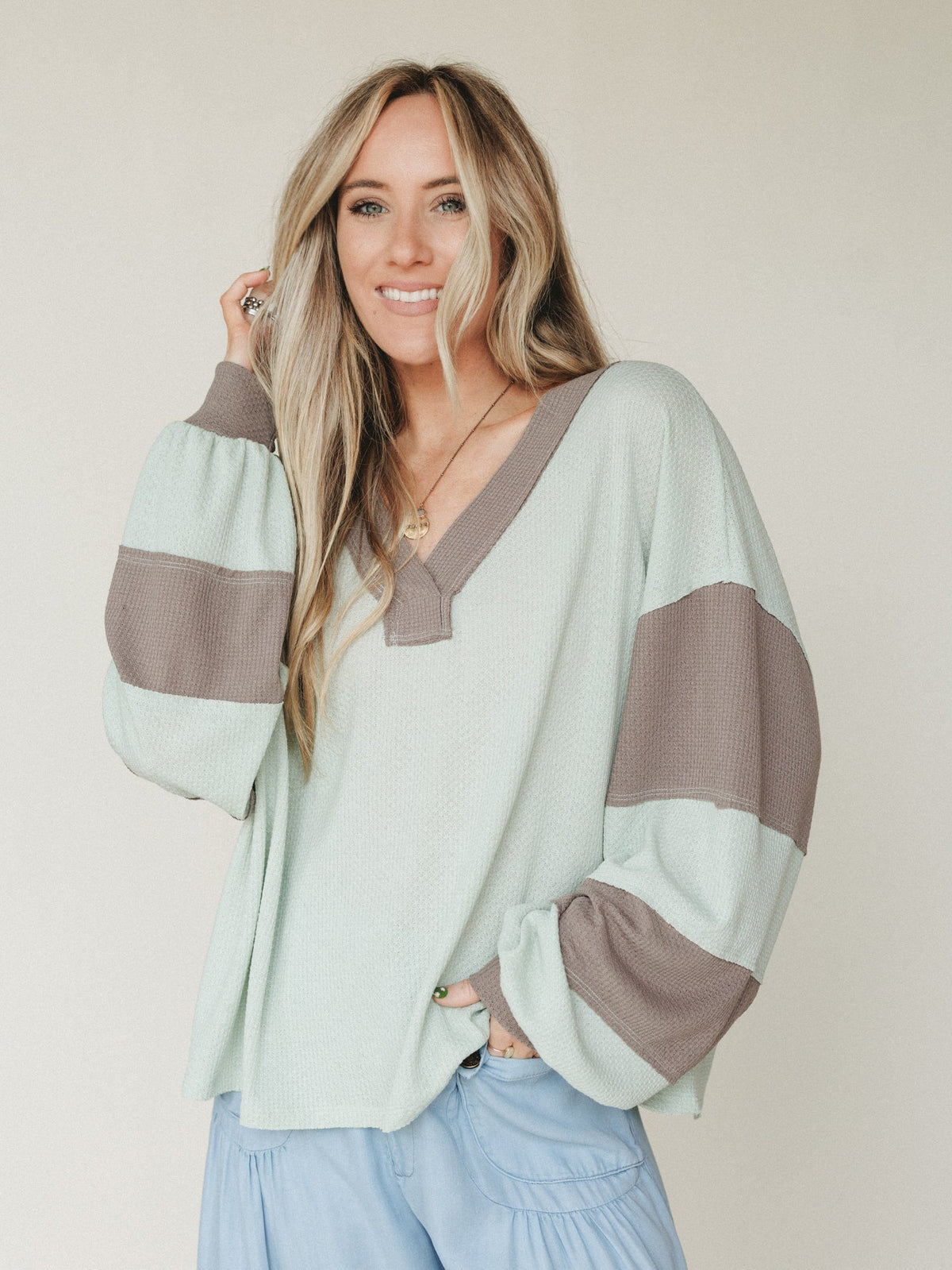 The Nest Elena Long Sleeve Top - Green Ash Mocha