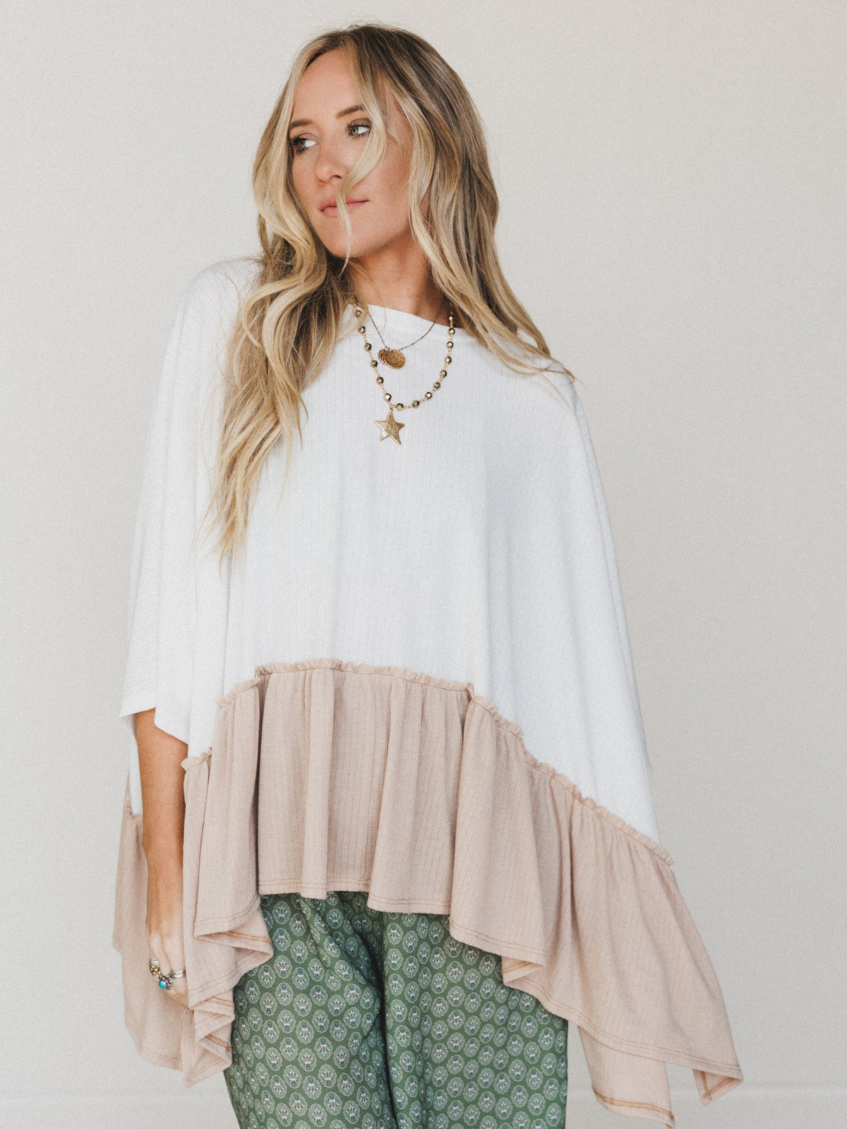 The Nest Sally Ruffle Top - Off White Camel