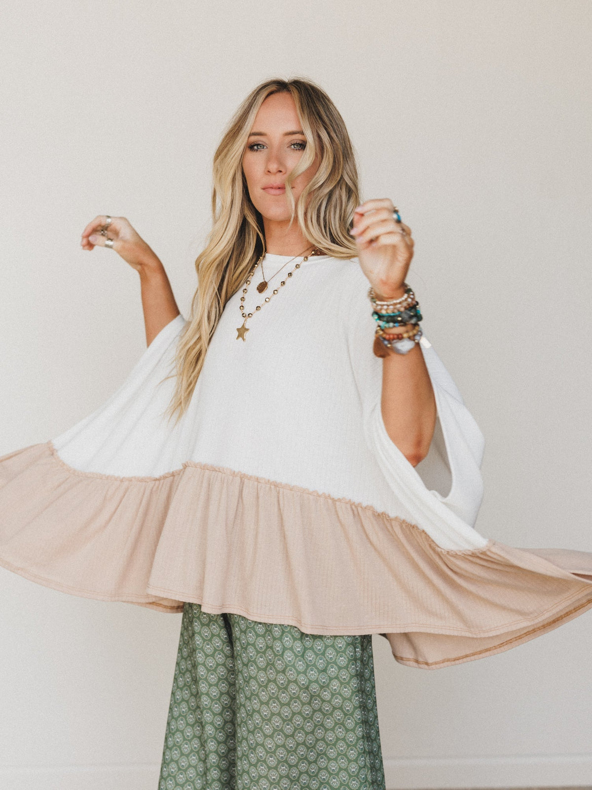 The Nest Sally Ruffle Top - Off White Camel