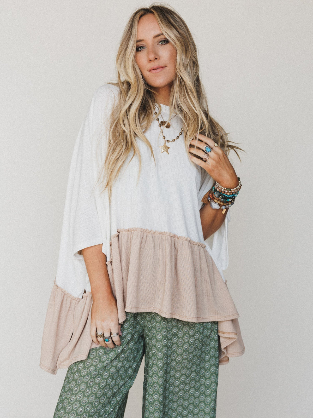 The Nest Sally Ruffle Top - Off White Camel
