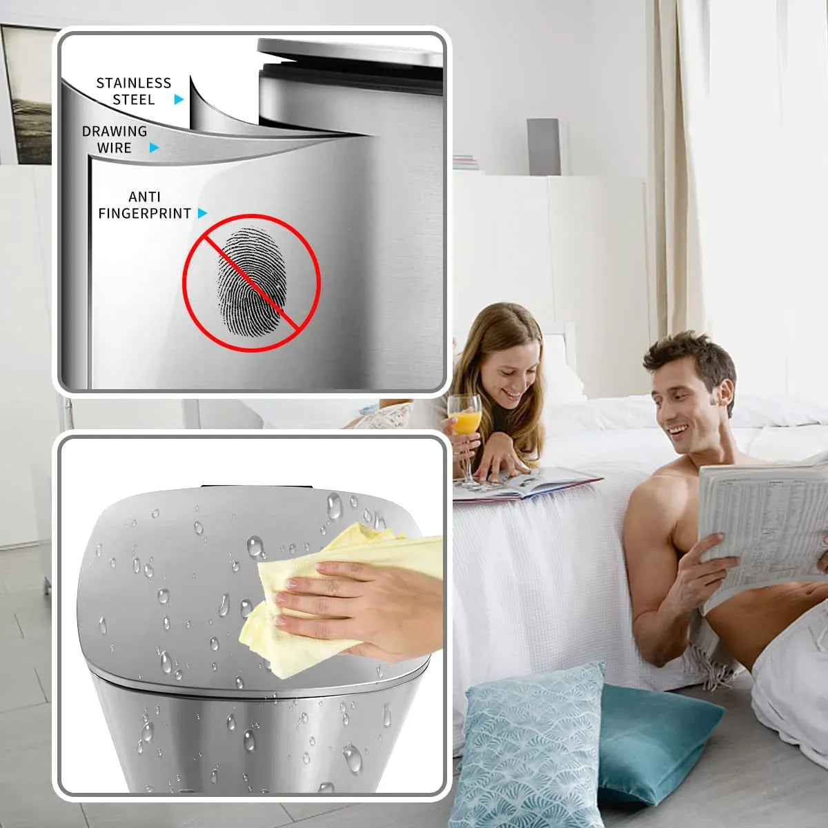 Bigacc 13 Gallon 50 Liter Kitchen Trash Can with Touch-Free & Motion Sensor, Automatic Stainless-Steel Garbage Can, Anti-Fingerprint Mute Designed Trash Bin Brushed Stainless Steel