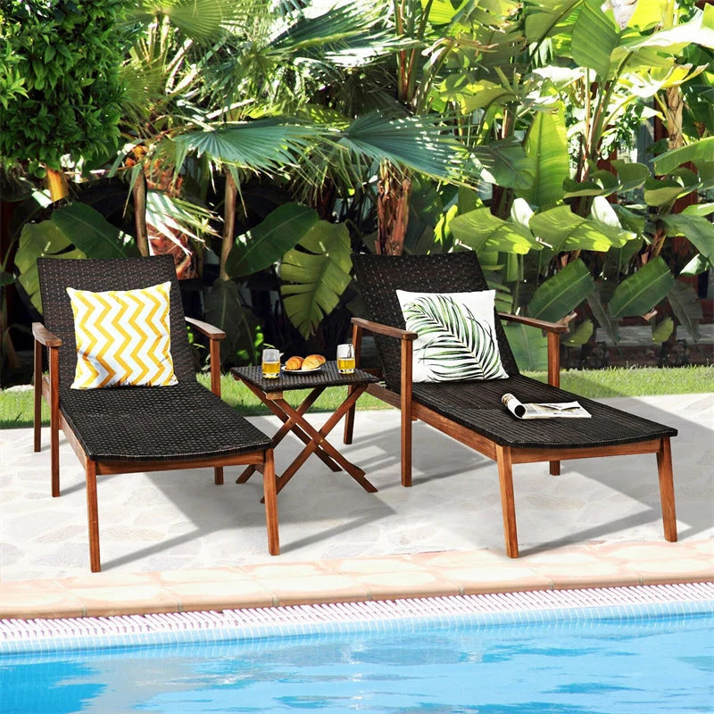 Acacia Wood Amp Rattan Patio Beach Outdoor Chaise Lounge Chairs Pool Sun Lounger Set With Folding Side Table - High Quality Set For Everyday Use