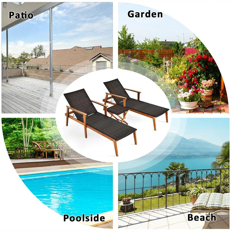 Acacia Wood Amp Rattan Patio Beach Outdoor Chaise Lounge Chairs Pool Sun Lounger Set With Folding Side Table - High Quality Set For Everyday Use