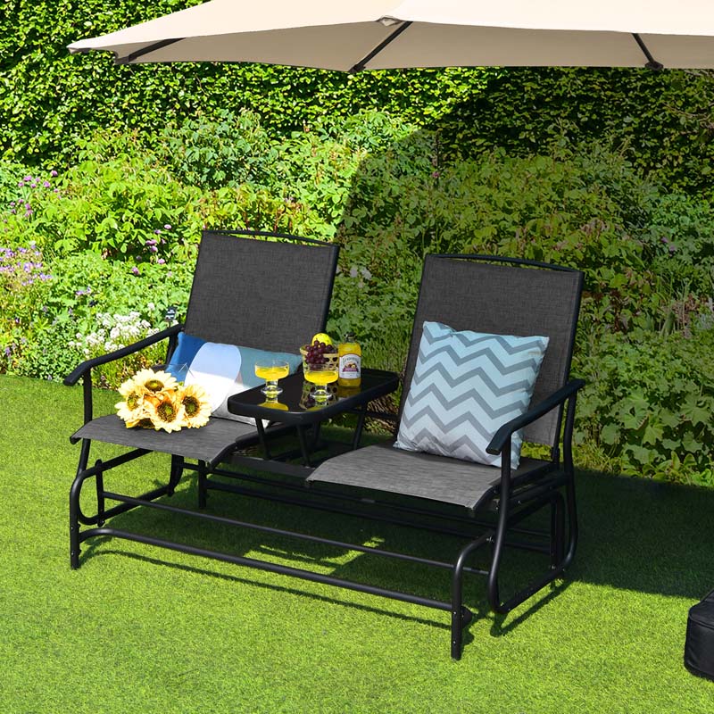 2 Person Outdoor Bench Glider Chair With Center Table Mesh Fabric Rocking Loveseat For Patio - Comfortable And Ergonomic Design