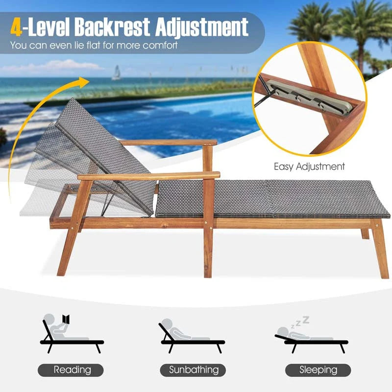 Acacia Wood Amp Rattan Patio Beach Outdoor Chaise Lounge Chairs Pool Sun Lounger Set With Folding Side Table - High Quality Set For Everyday Use