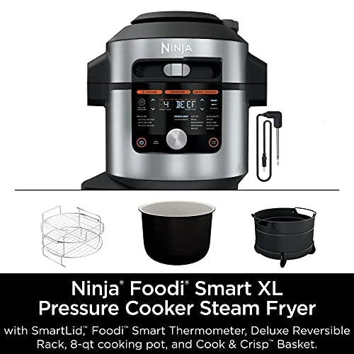 Ninja OL701 Foodi 14 in 1 SMART XL 8 Qt. Pressure Cooker Steam Fryer with SmartLid &amp; Thermometer   Auto Steam Release, that Air Fries, Proofs &amp; More, 3 Layer Capacity, 5 Qt. Crisp Basket, Silver/Black