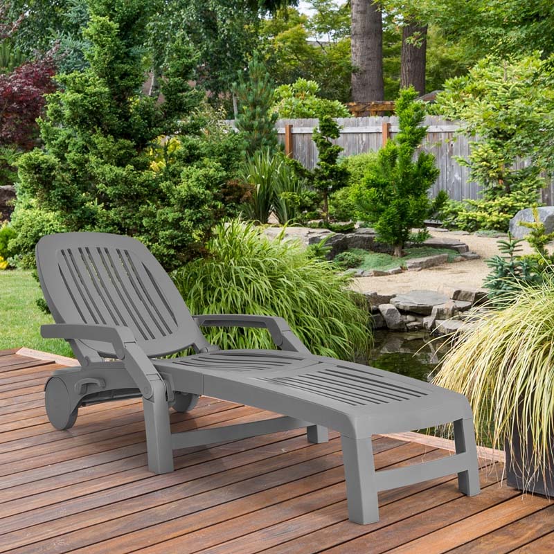 Weatherproof Folding Sun Lounger With Wheels 6 Position Plastic Outdoor Chaise Lounge Chair For Pool Beach Lawn - Comfortable And Ergonomic Design