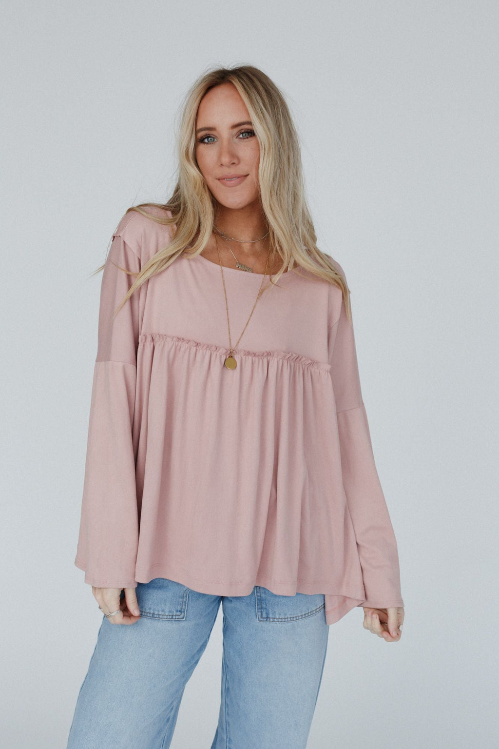 The Nest Solid Serenity Long Sleeve Babydoll Top - Mauve Dusty