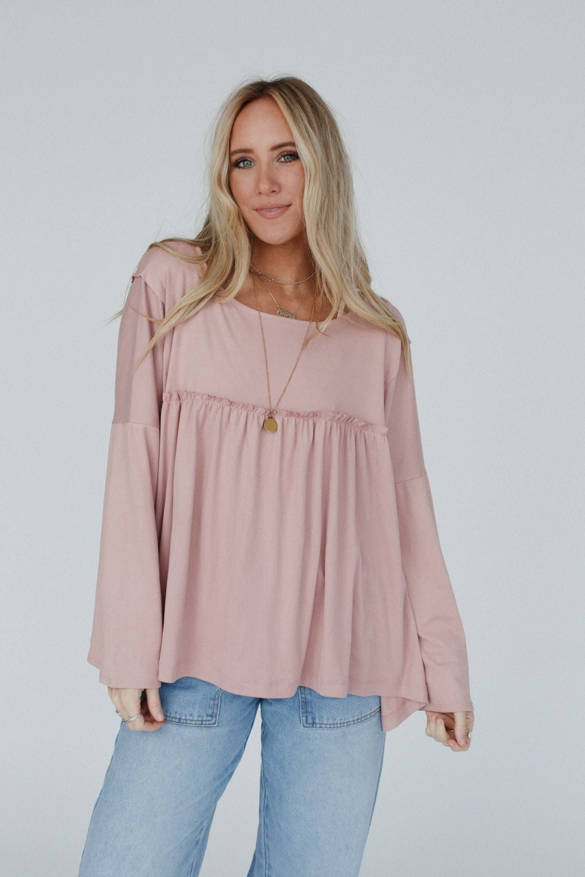The Nest Solid Serenity Long Sleeve Babydoll Top - Mauve Dusty